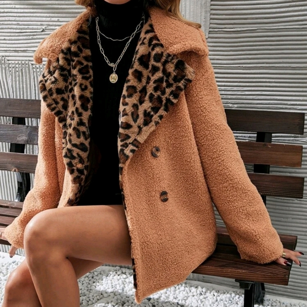 Leopard Print Double Button Teddy Coat - Picture 1 of 7